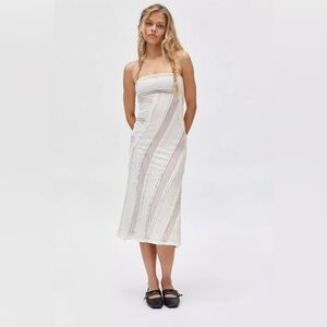 UO Kimchi Blue Sydney Asymmetric Lace Trim Strapless Midi Dress